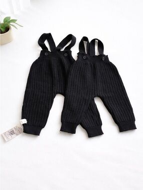Kids Black Ribbed Knit Suspender Pants 9-12M